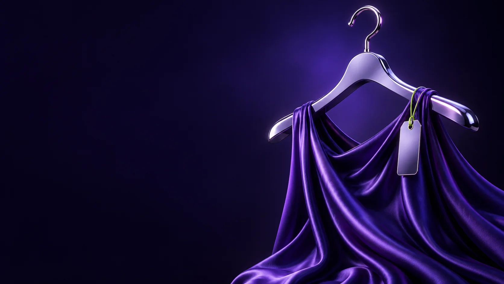 Purple dress draped over a chrome clothes hanger with a blank tag - Apparel & Fashion Meta ads research by Madgicx Labs