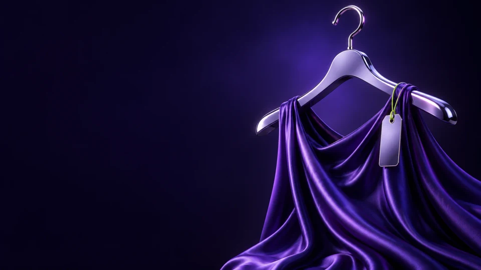 Purple dress draped over a chrome clothes hanger with a blank tag - Apparel & Fashion Meta ads research by Madgicx Labs