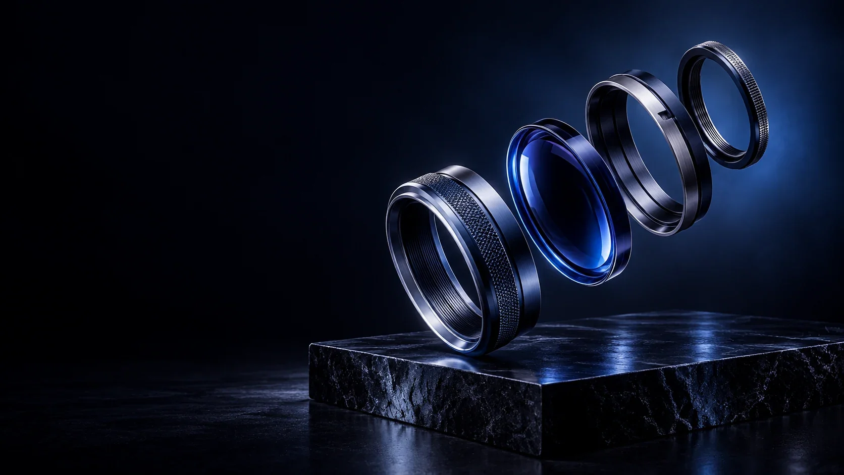 Exploded camera lens components floating above a dark plinth - Electronics & Tech Devices Meta ads research by Madgicx Labs