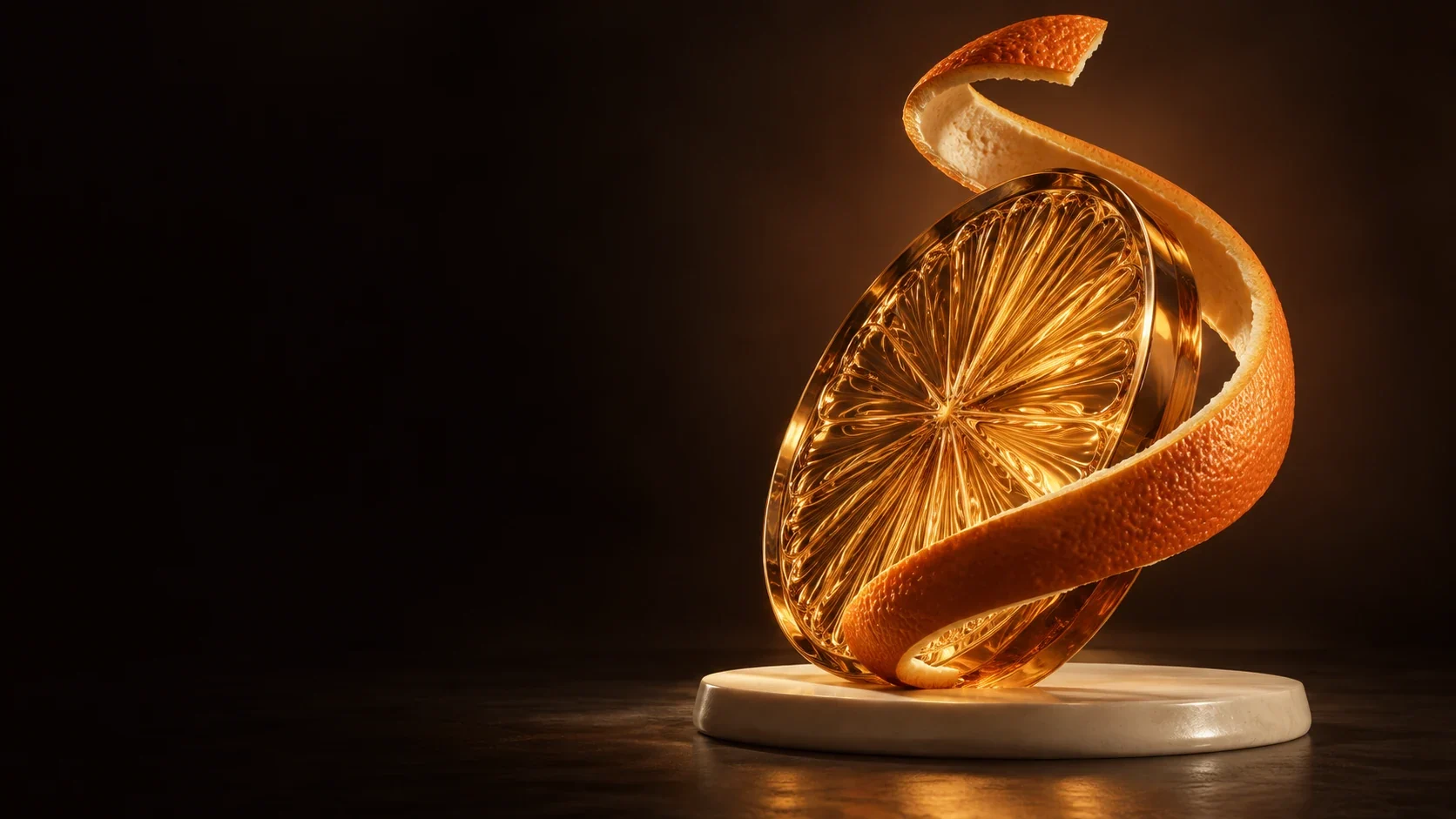 Orange peel wrapped around a translucent orange slice sculpture - Food & Beverage Products Meta ads research by Madgicx Labs