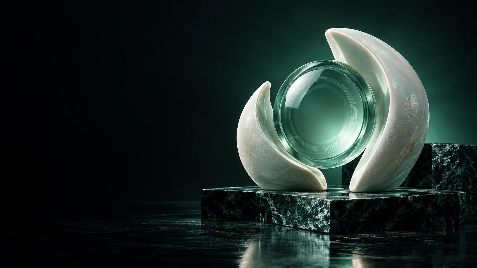 Clear green sphere cradled by two pearl-white sculptural forms - Healthcare & Wellness Meta ads research by Madgicx Labs