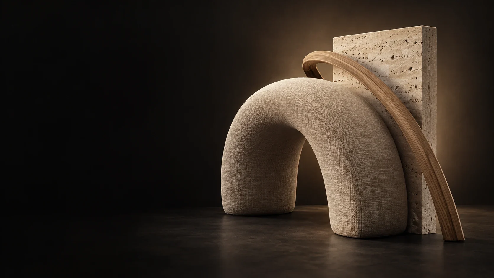 Upholstered arch, travertine slab and bent wood arranged as furniture forms - Home Goods & Furnishings Meta ads research by Madgicx Labs