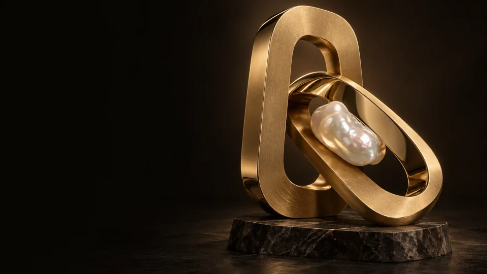 Pearl held inside interlocking brushed-gold loops - Jewelry & Accessories Meta ads research by Madgicx Labs