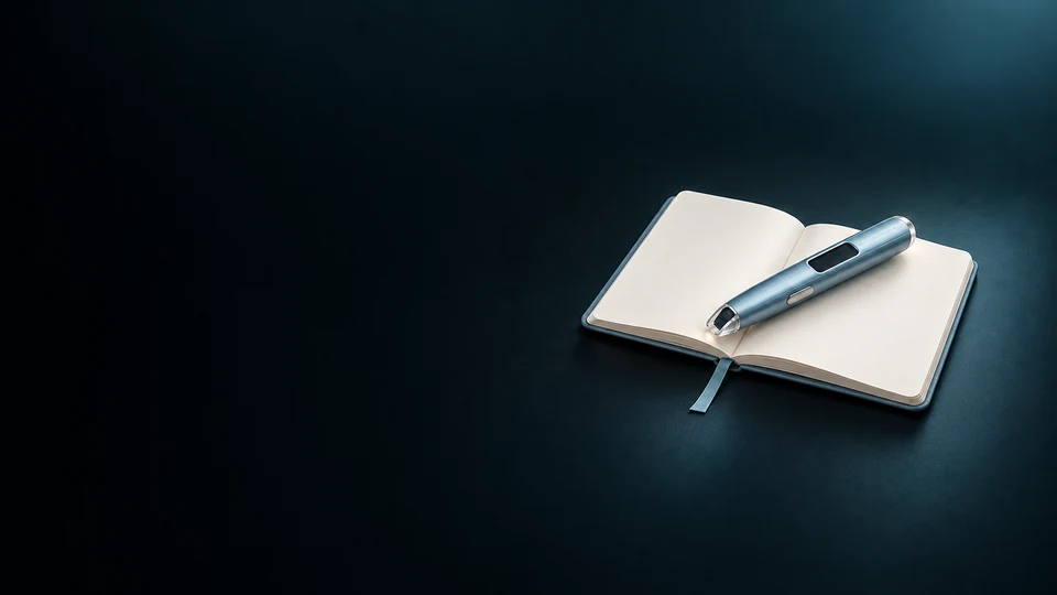 Unbranded reading pen resting across a blank notebook. - Accessibility & Special Needs Products Meta ads research index