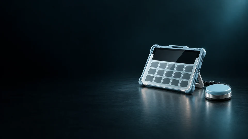 Communication tablet with a physical keyguard beside a round adaptive switch. - Accessibility & Special Needs Products Meta ads research index
