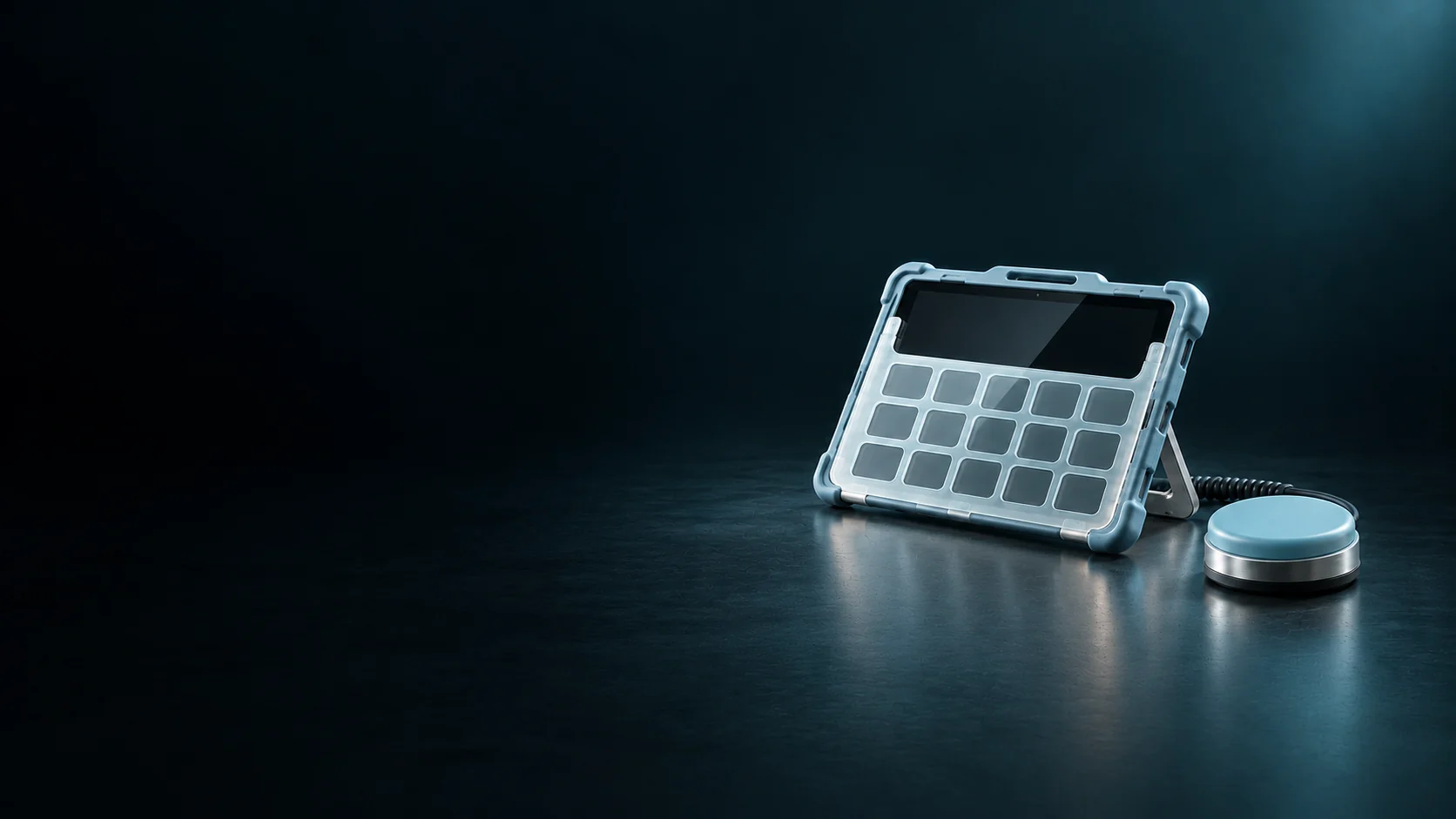 Communication tablet with a physical keyguard beside a round adaptive switch. - Communication & Speech Devices Meta ads research by Madgicx Labs