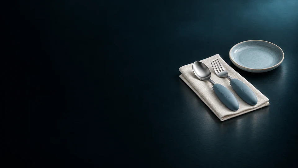 Spoon and fork with thick oval blue handles beside an empty plate. - Accessibility & Special Needs Products Meta ads research index