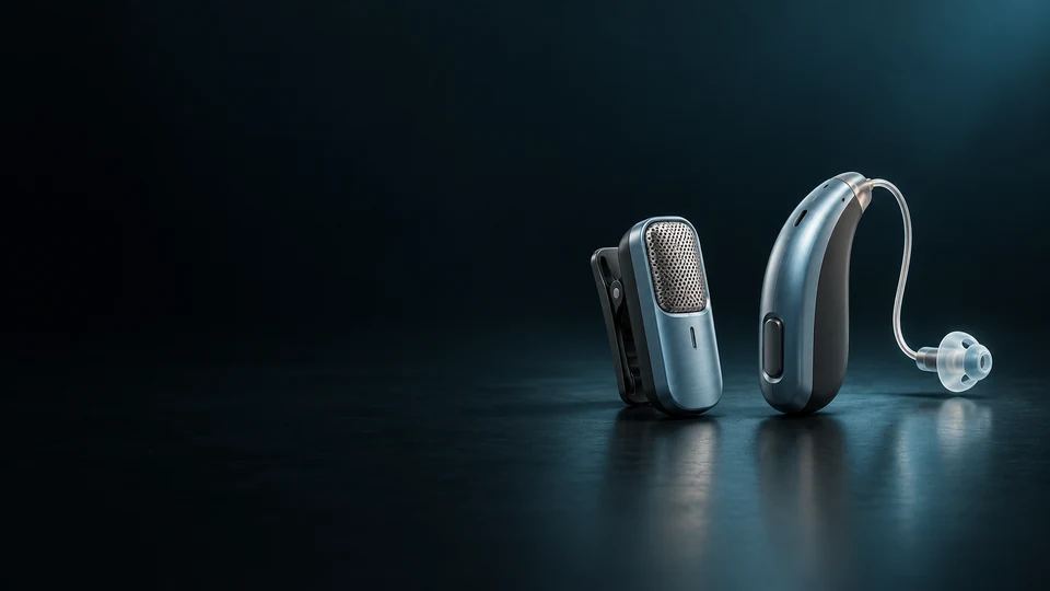 Clip-on remote microphone beside a behind-the-ear hearing device. - Accessibility & Special Needs Products Meta ads research index