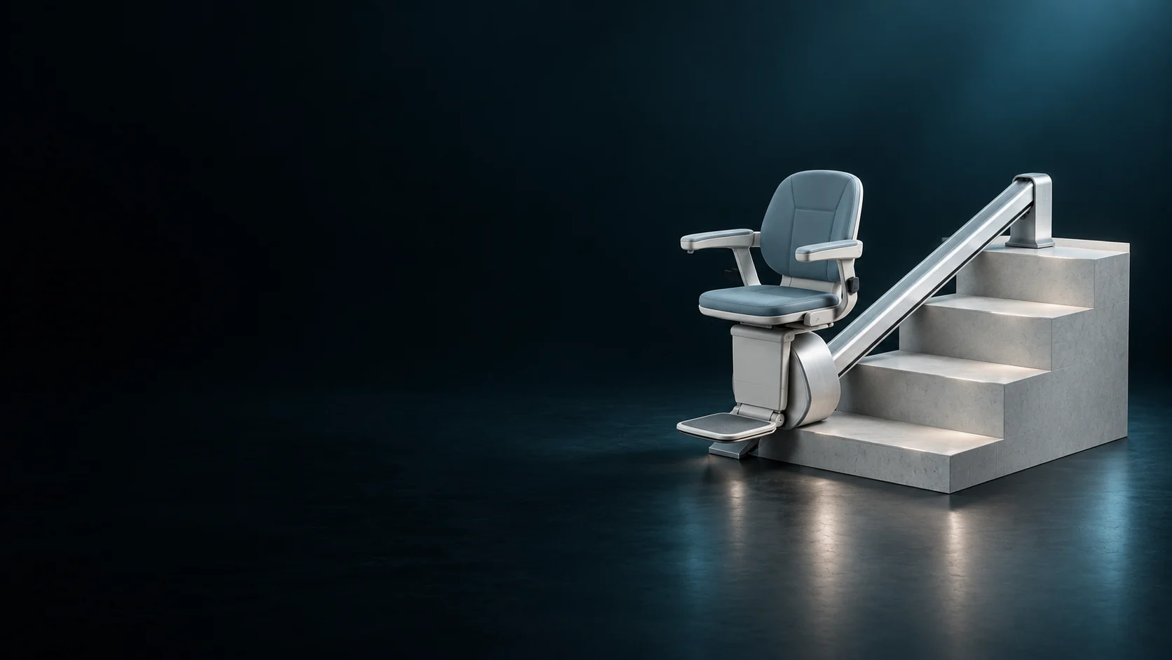 Architectural model of an empty stairlift seat beside three steps. - Home Accessibility Equipment Meta ads research by Madgicx Labs