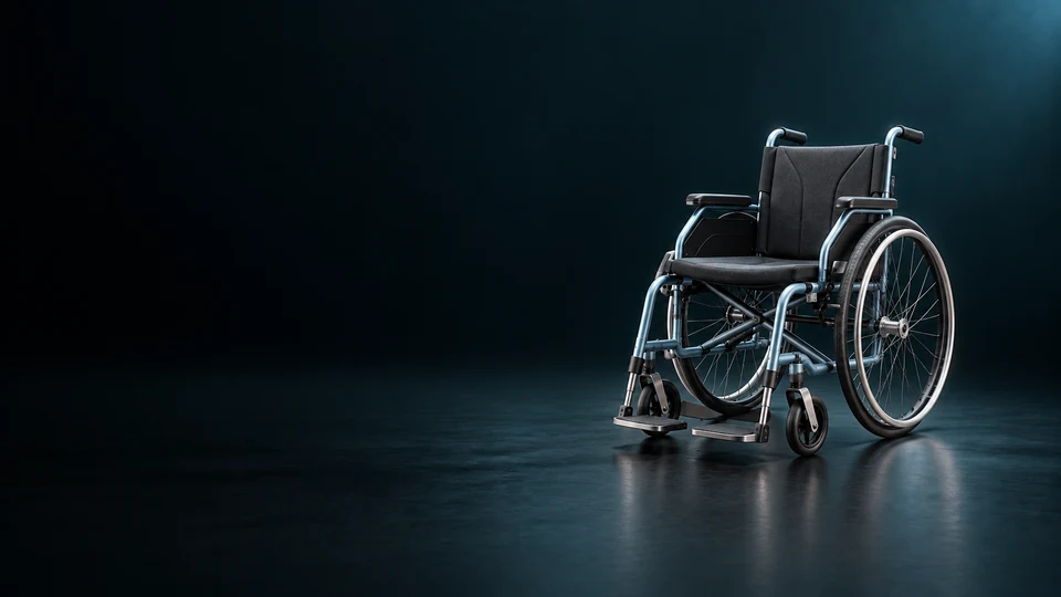 Unoccupied manual wheelchair with blue frame and charcoal seating. - Accessibility & Special Needs Products Meta ads research index