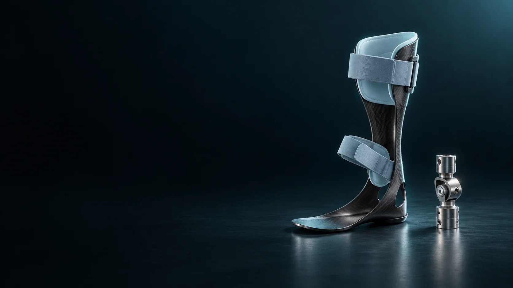 Empty carbon-composite orthotic shell beside a titanium coupling. - Prosthetics & Orthotics Meta ads research by Madgicx Labs