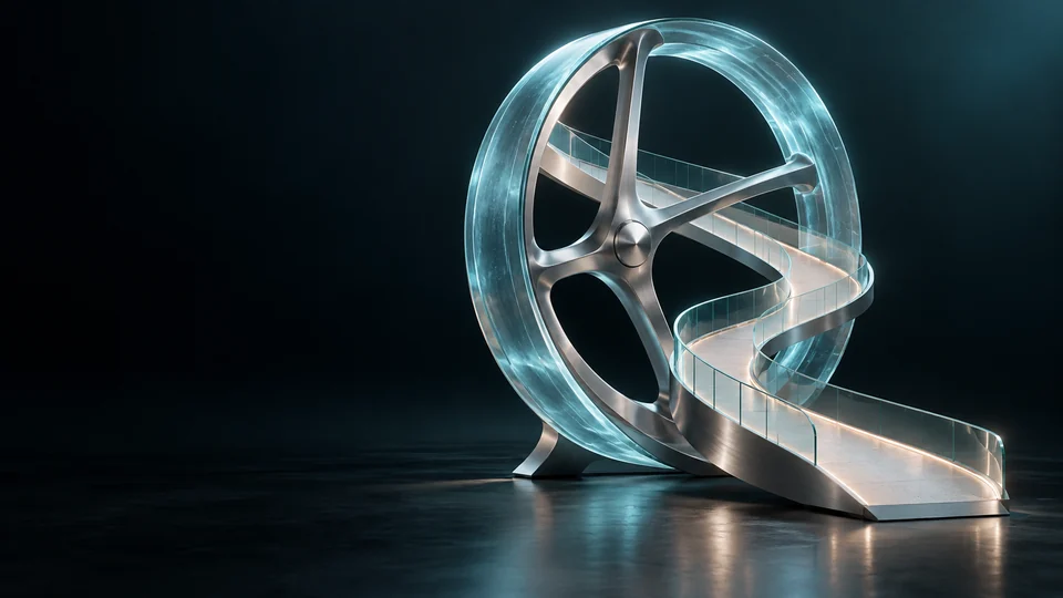 A glass wheel and curved open ramp in a teal studio. - Accessibility & Special Needs Products Meta ads research by Madgicx Labs