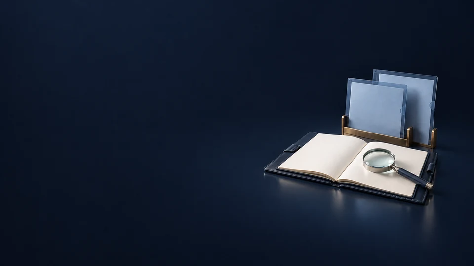 A silver magnifier rests on an open blank navy folio beside translucent document sleeves in a brass holder. - Accounting & Tax Services Meta ads research index