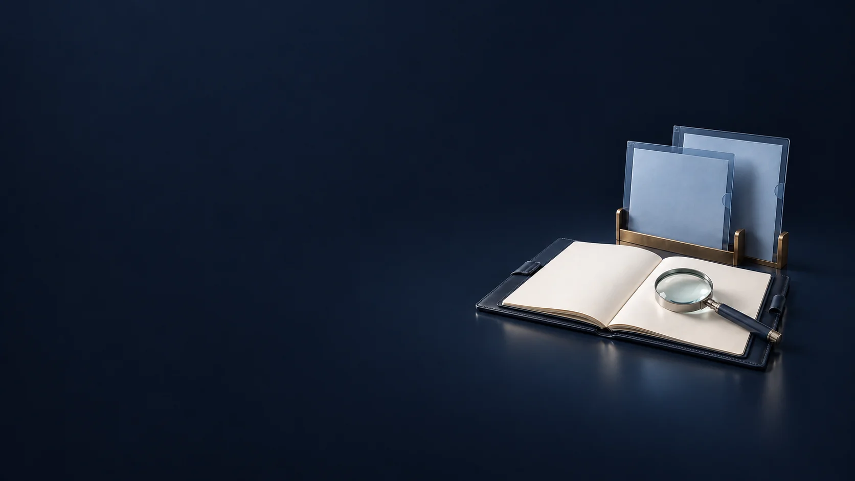 A silver magnifier rests on an open blank navy folio beside translucent document sleeves in a brass holder. - Auditing Services Meta ads research by Madgicx Labs