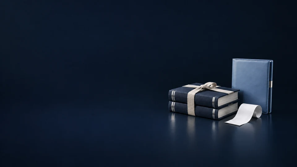 Two navy ledgers tied with linen sit beside a blue folio and a curled blank receipt strip. - Accounting & Tax Services Meta ads research index