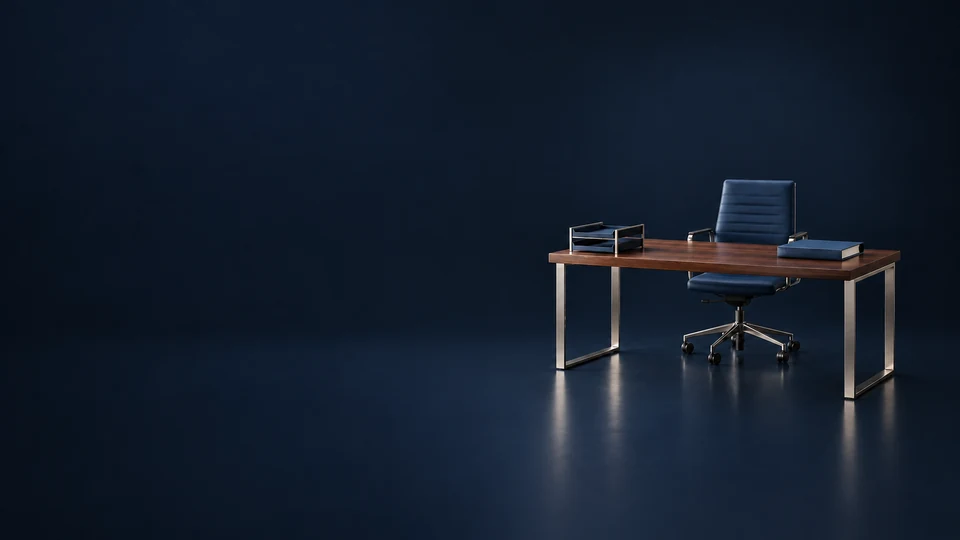 A miniature walnut worktable with a navy office chair holds a paper tray and a closed blue binder. - Accounting & Tax Services Meta ads research index