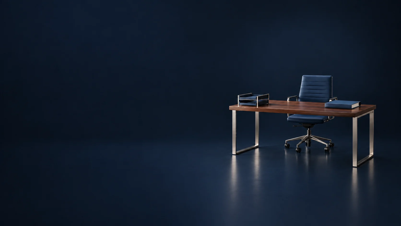 A miniature walnut worktable with a navy office chair holds a paper tray and a closed blue binder. - Business Accounting Services Meta ads research by Madgicx Labs