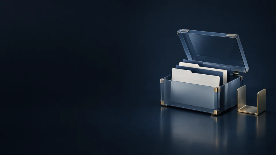 Blank folders fill an open translucent blue document case beside a separate brass document support. - Accounting & Tax Services Meta ads research index