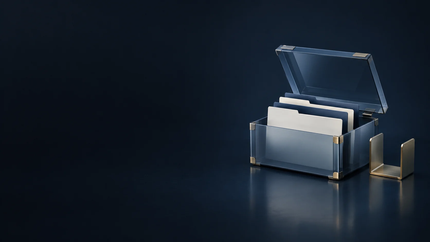 Blank folders fill an open translucent blue document case beside a separate brass document support. - Financial Compliance Services Meta ads research by Madgicx Labs