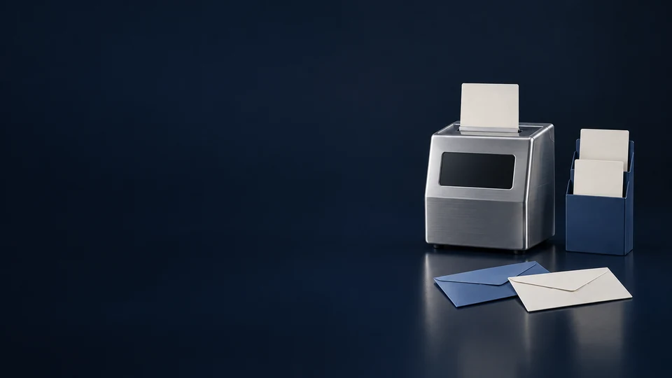 A silver time-card machine and navy card rack stand behind two blank envelopes. - Accounting & Tax Services Meta ads research index