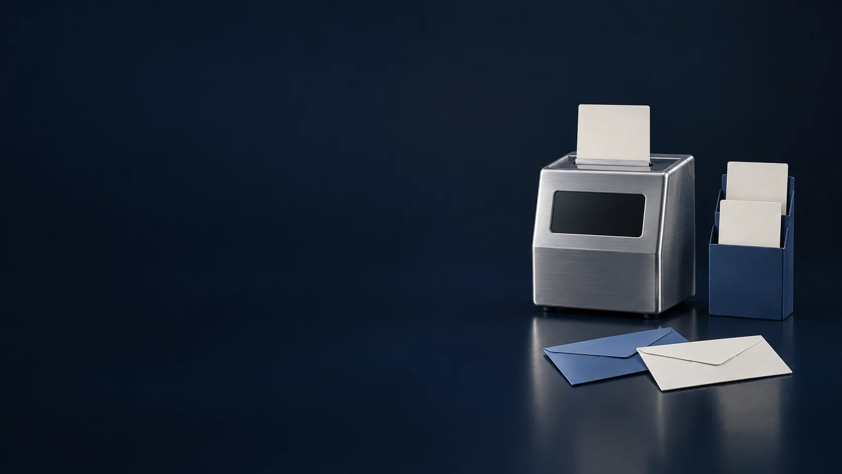 A silver time-card machine and navy card rack stand behind two blank envelopes. - Payroll Services Meta ads research by Madgicx Labs