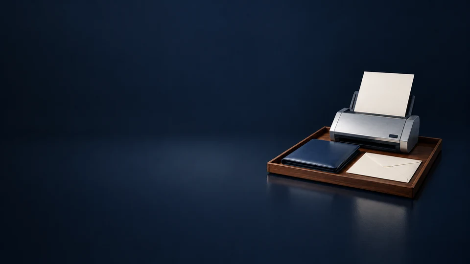 A silver document scanner, blank paper, navy folio and ivory envelope sit together on a walnut tray. - Accounting & Tax Services Meta ads research index