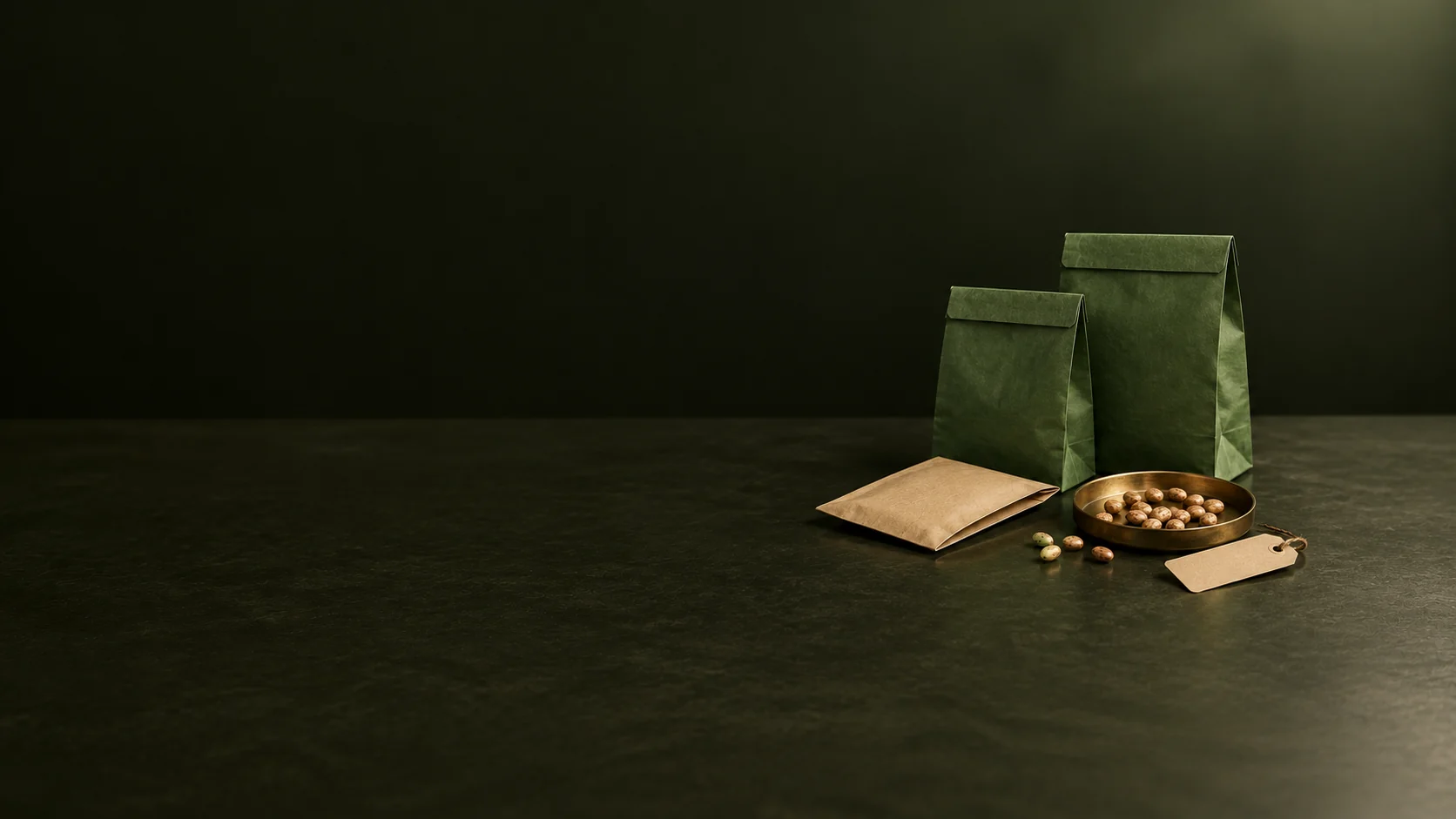 Green seed packets, a brass dish of seeds and a blank lot tag on a dark olive surface. - Crop Inputs & Seeds Meta ads research by Madgicx Labs