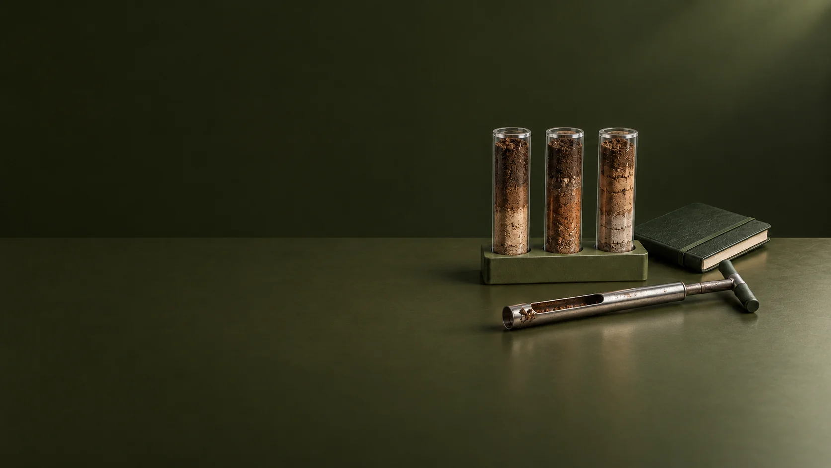 Three soil-core samples, a field notebook and a metal soil corer on a dark green surface. - Crop Services & Consulting Meta ads research by Madgicx Labs