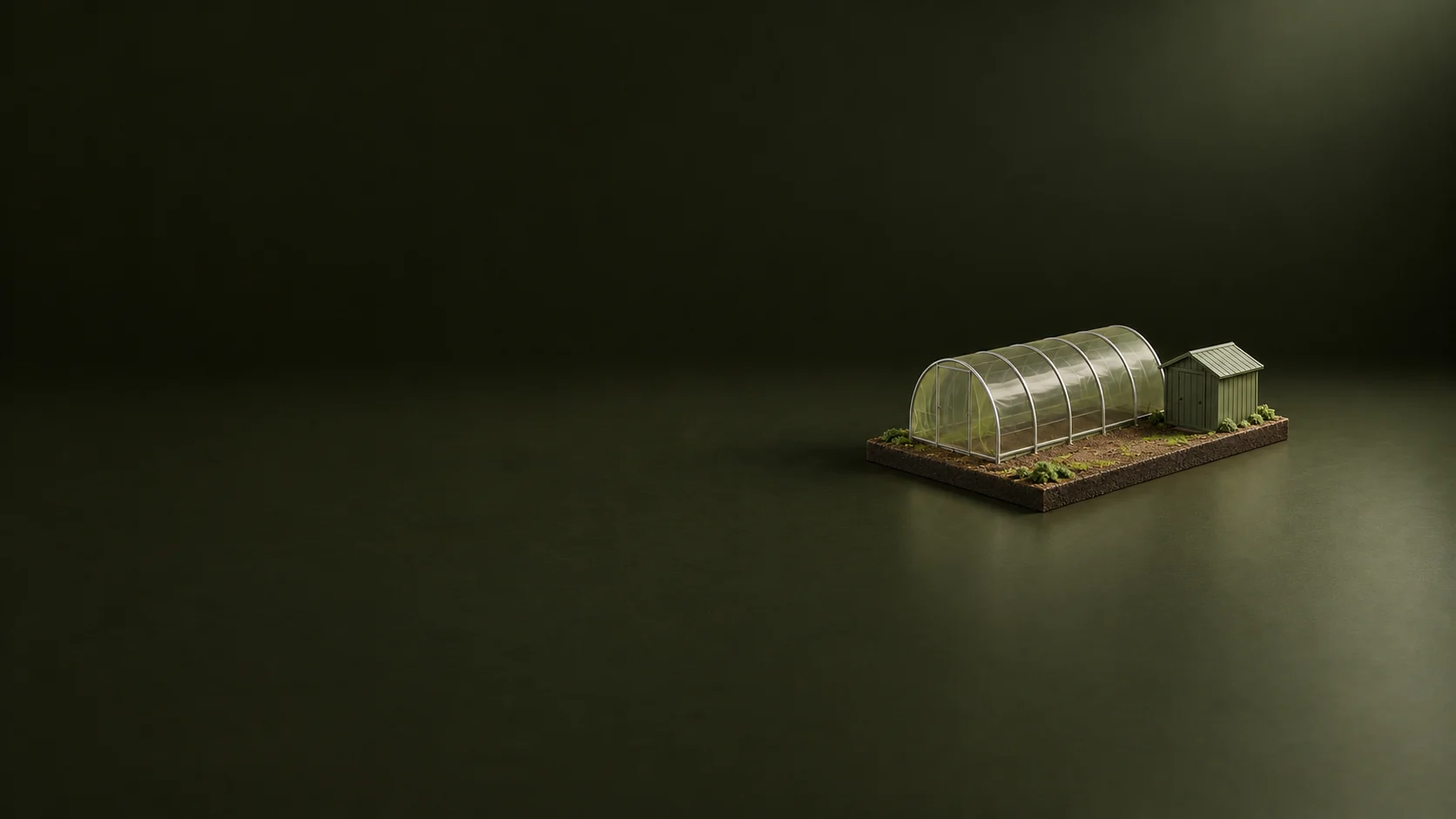 A scale model of a greenhouse and small utility shed on a complete rectangular site base. - Farm Infrastructure & Buildings Meta ads research by Madgicx Labs