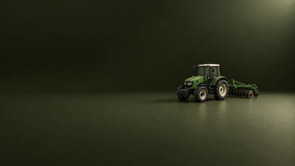 An unbranded green tractor model with a rear disc cultivator on a dark olive surface. - Agriculture & Farming Meta ads research index