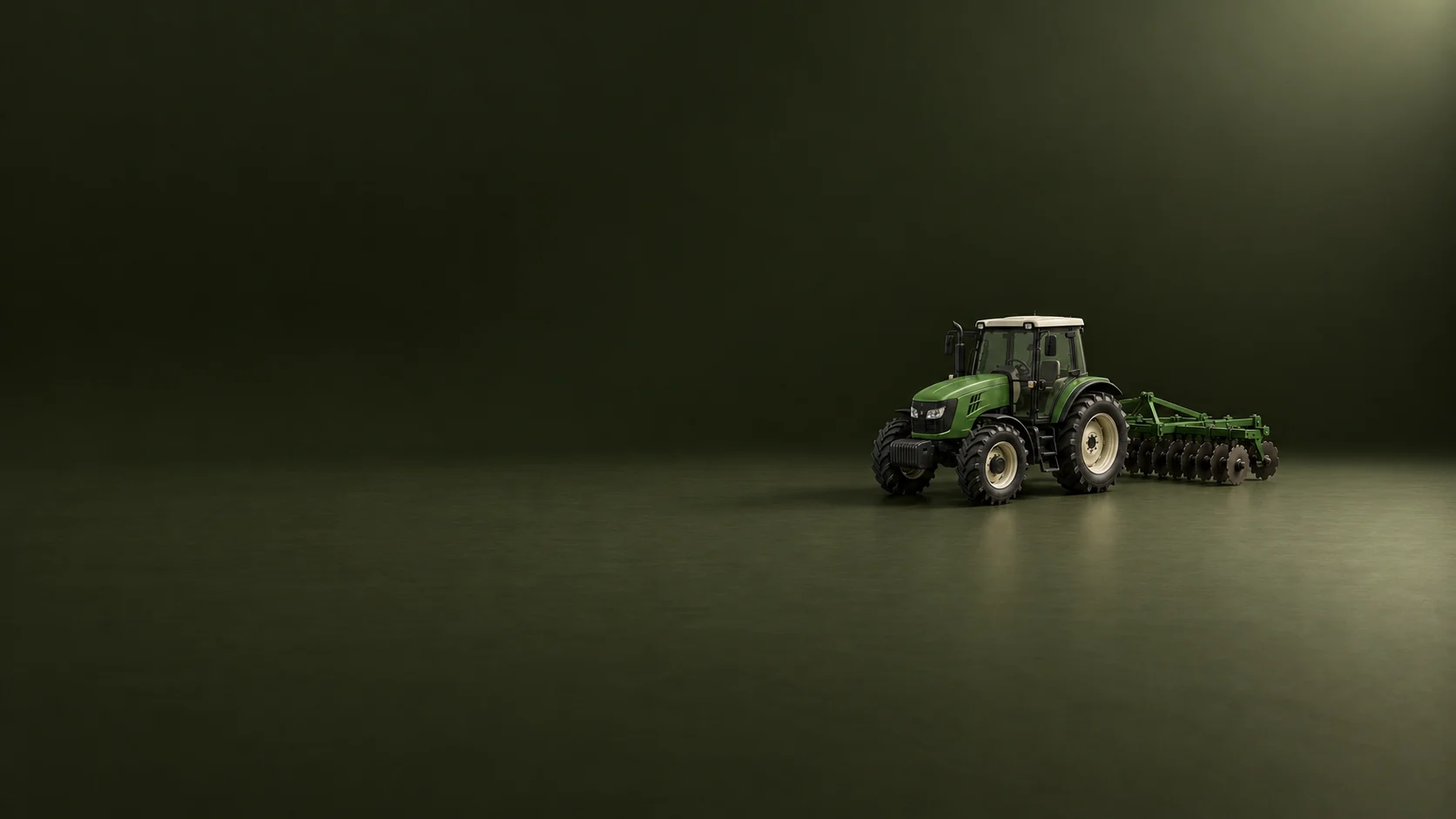 An unbranded green tractor model with a rear disc cultivator on a dark olive surface. - Farm Machinery & Equipment Meta ads research by Madgicx Labs