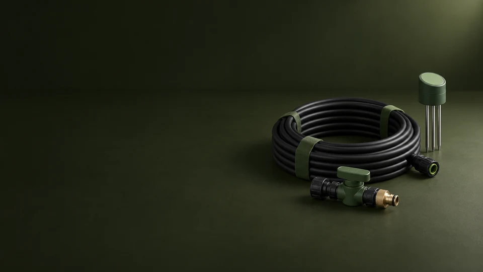 A black irrigation-tube coil with an inline valve, brass fitting and soil probe. - Agriculture & Farming Meta ads research index
