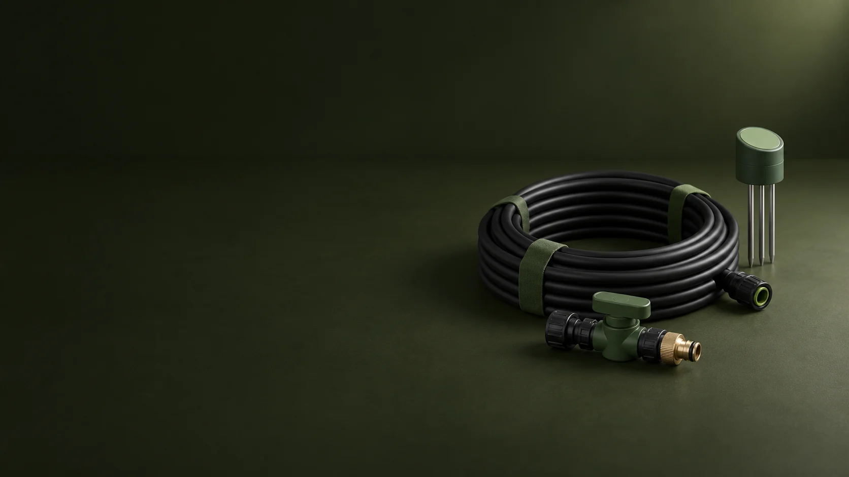 A black irrigation-tube coil with an inline valve, brass fitting and soil probe. - Irrigation & Water Management Meta ads research by Madgicx Labs
