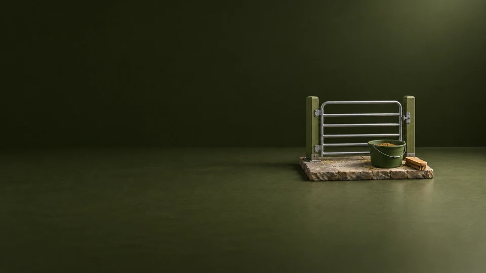 A miniature livestock gate with a green feed bucket and wooden brush on a stone base. - Agriculture & Farming Meta ads research index