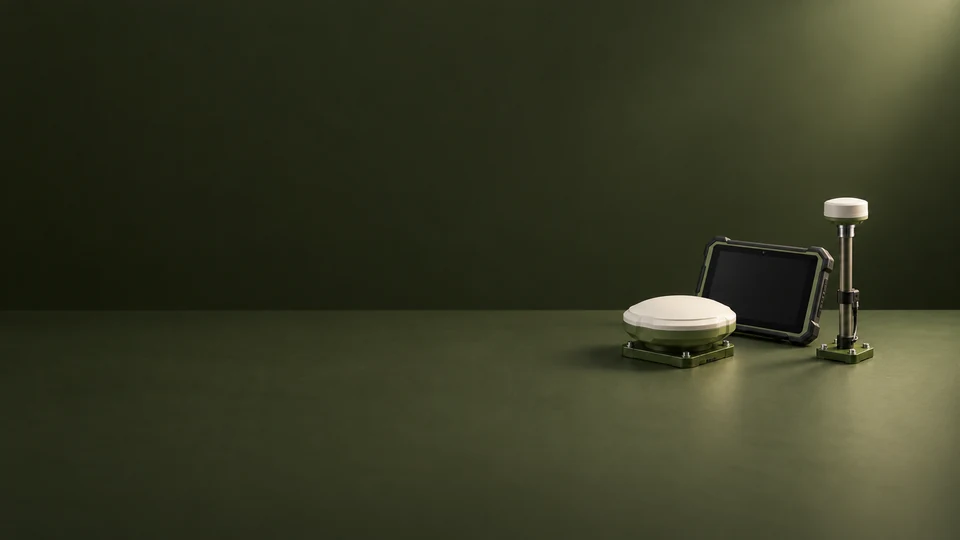 A GNSS receiver, inactive rugged tablet and sensor mast on a dark olive table. - Agriculture & Farming Meta ads research index