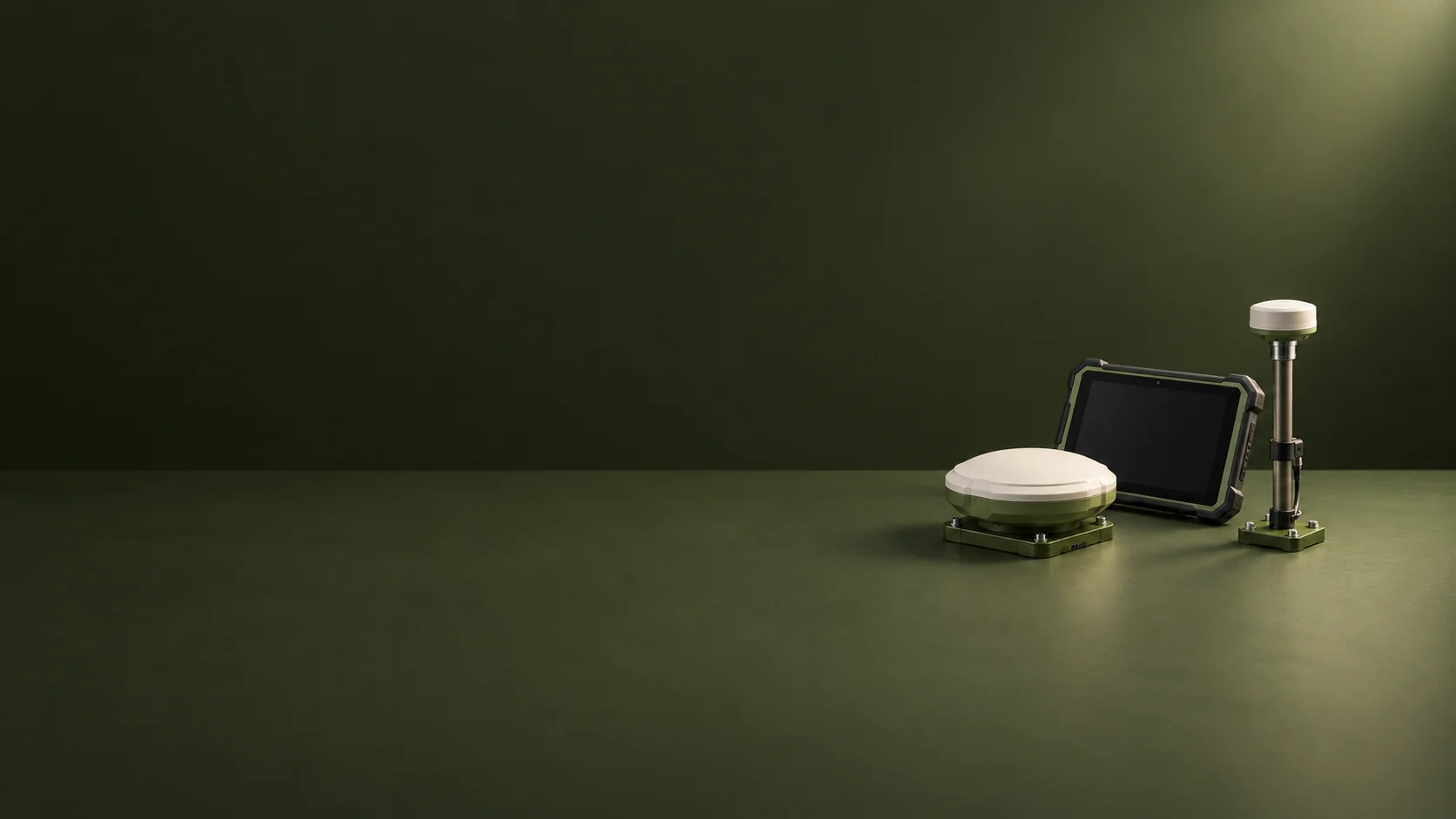 A GNSS receiver, inactive rugged tablet and sensor mast on a dark olive table. - Precision Agriculture Technology Meta ads research by Madgicx Labs