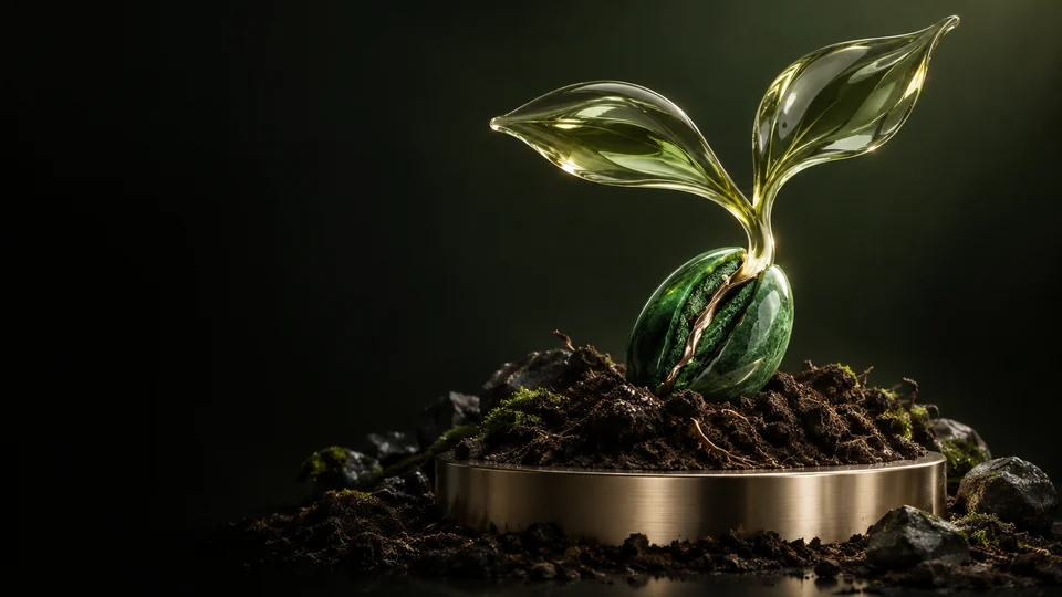A translucent green sprout rising from a seed-shaped stone in soil, surrounded by a brass ring. - Agriculture & Farming Meta ads research by Madgicx Labs