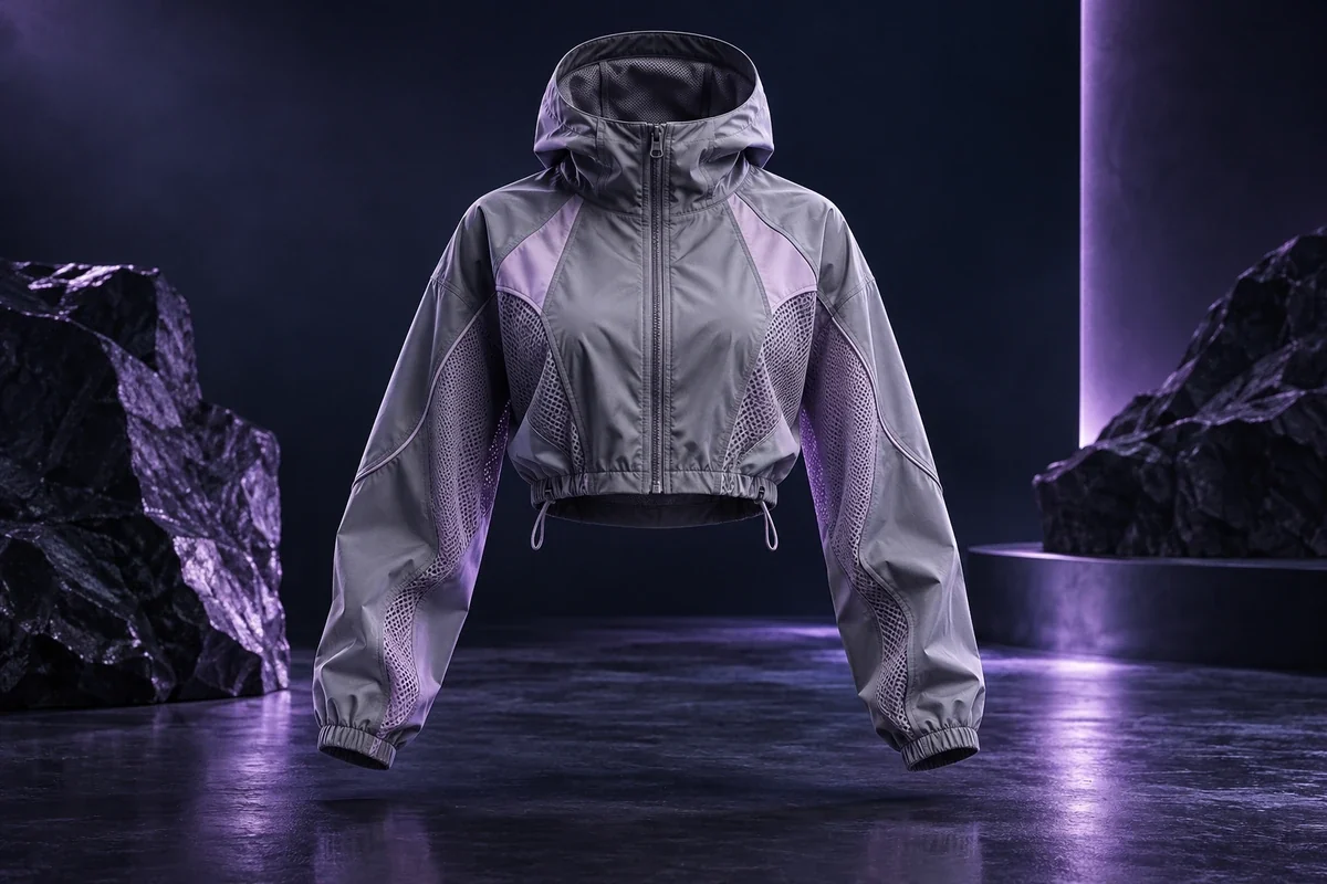 Graphite and lilac technical running jacket - Activewear & Streetwear Meta ads research by Madgicx Labs