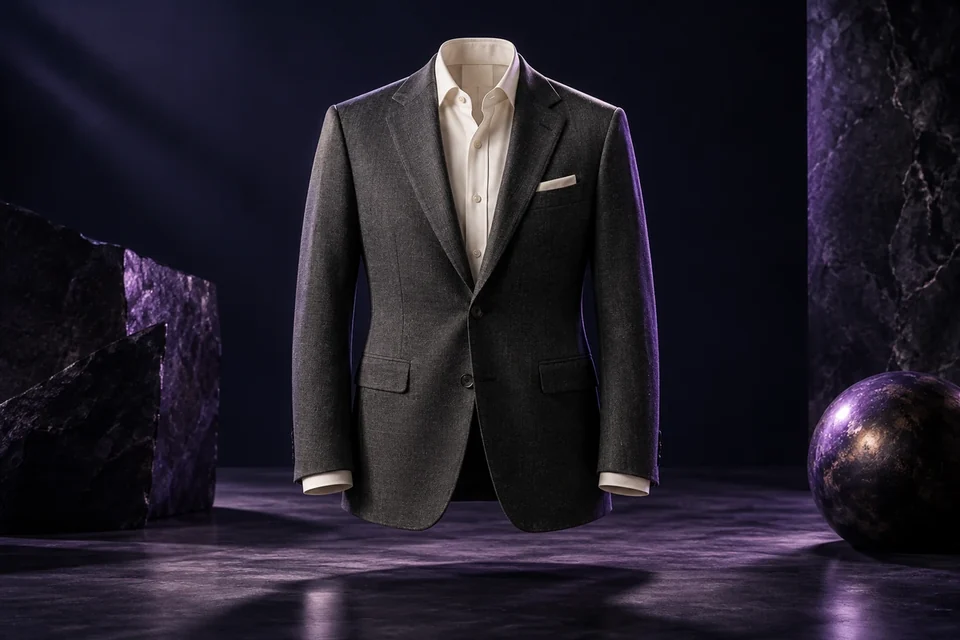 Tailored charcoal blazer and ivory shirt - Apparel & Fashion Meta ads research index