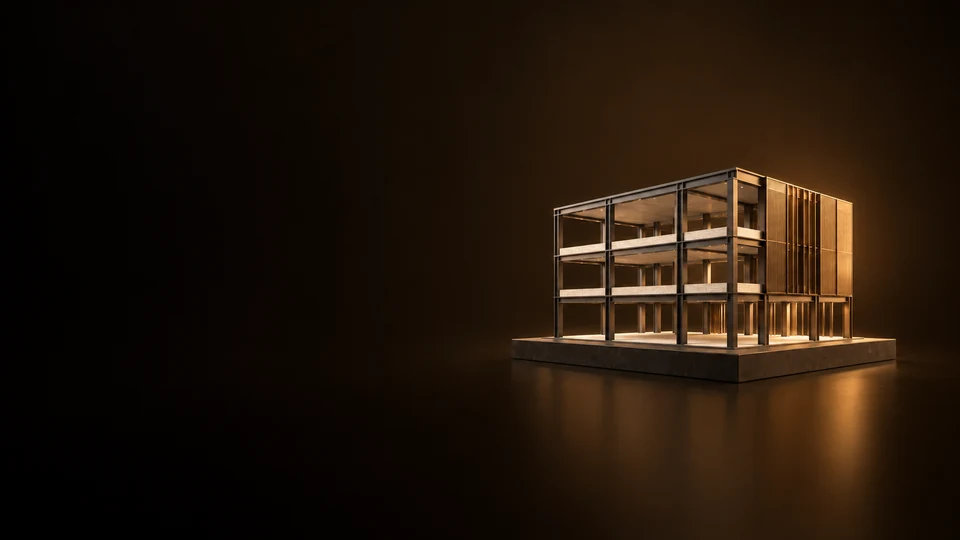 Three-storey commercial building frame model with partial facade panels. - Architecture Construction & Engineering Meta ads research index