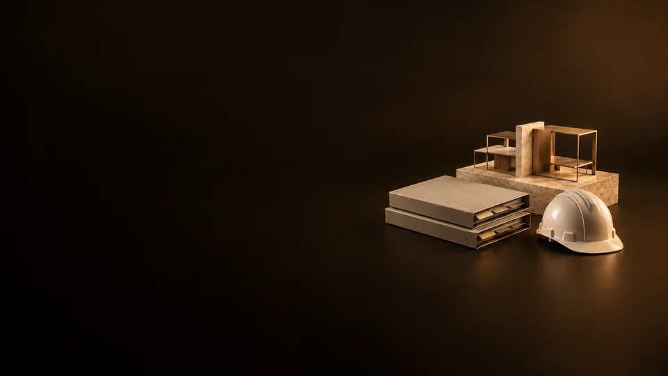 Tabbed project folios beside a compact building-frame study model. - Architecture Construction & Engineering Meta ads research index