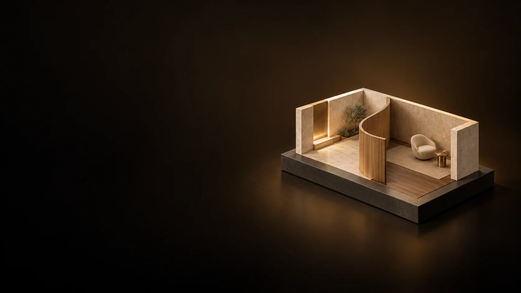 Open room maquette with a curved partition, chair and material floor zones. - Interior Design & Space Planning Meta ads research by Madgicx Labs