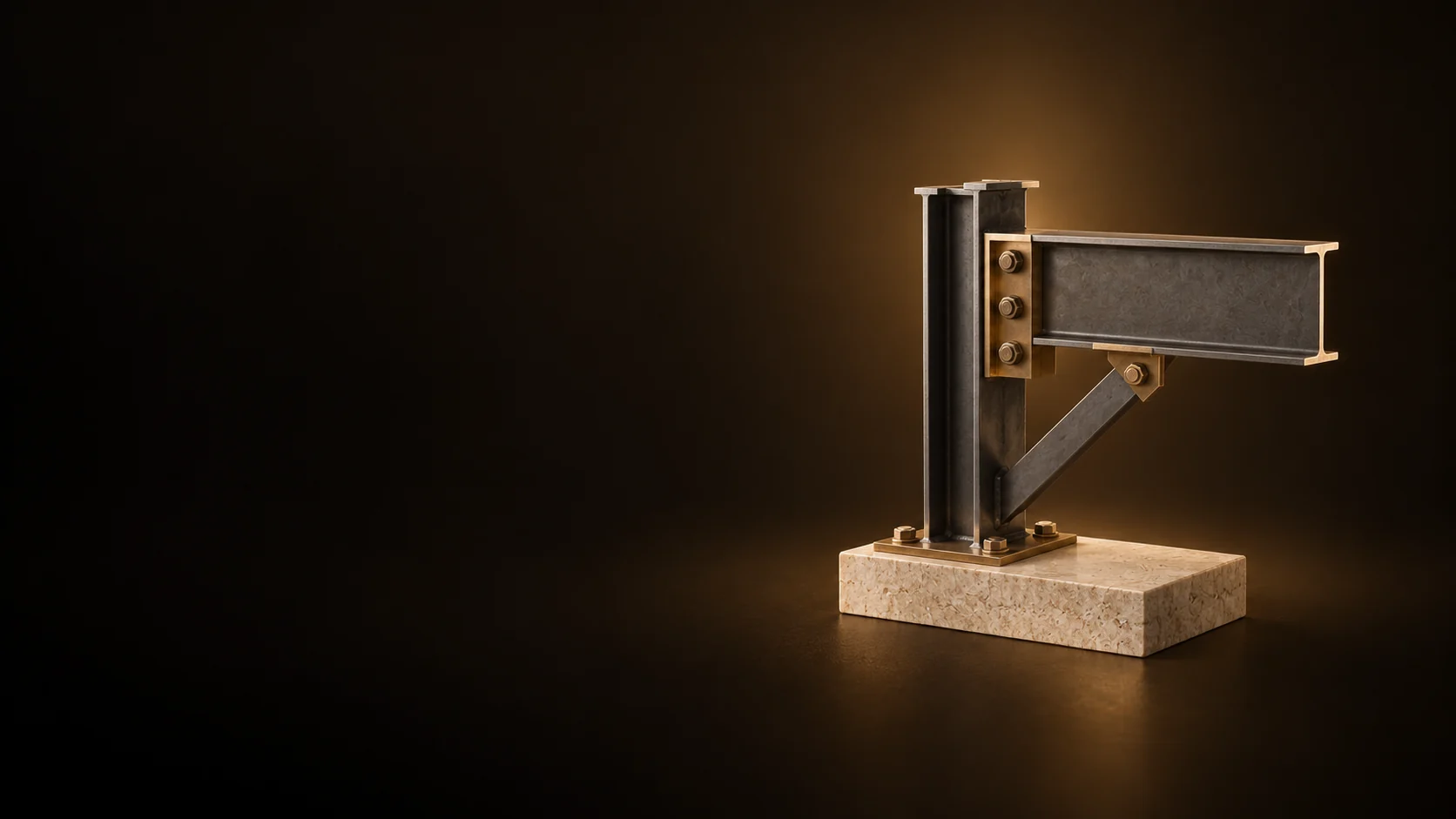 Steel beam and column connection study mounted on a small dark base. - Structural Engineering Services Meta ads research by Madgicx Labs
