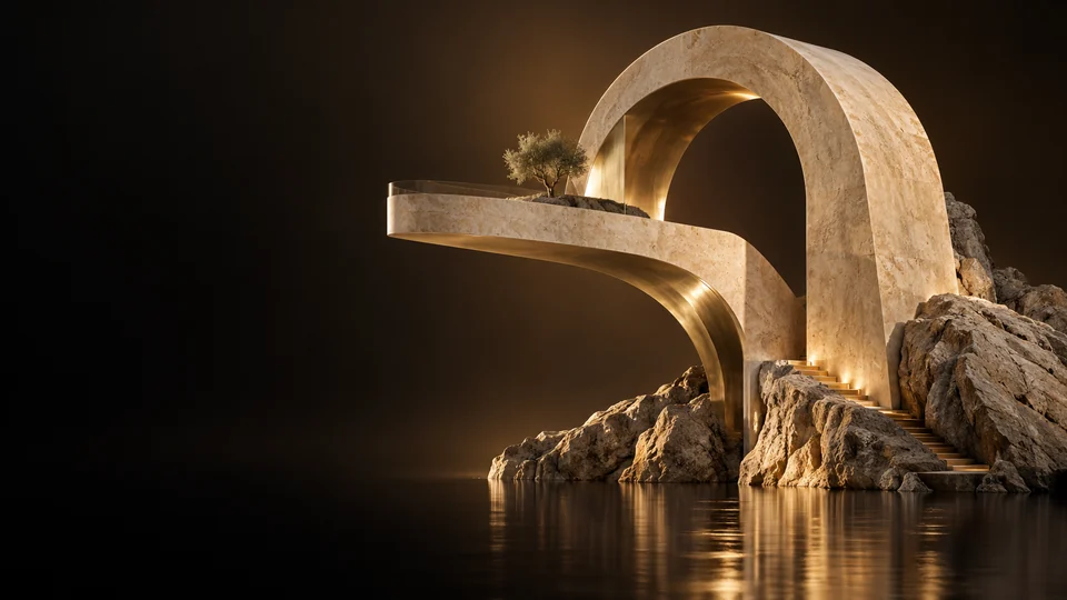 A sweeping stone arch and curved terrace on a rocky base. - Architecture Construction & Engineering Meta ads research by Madgicx Labs