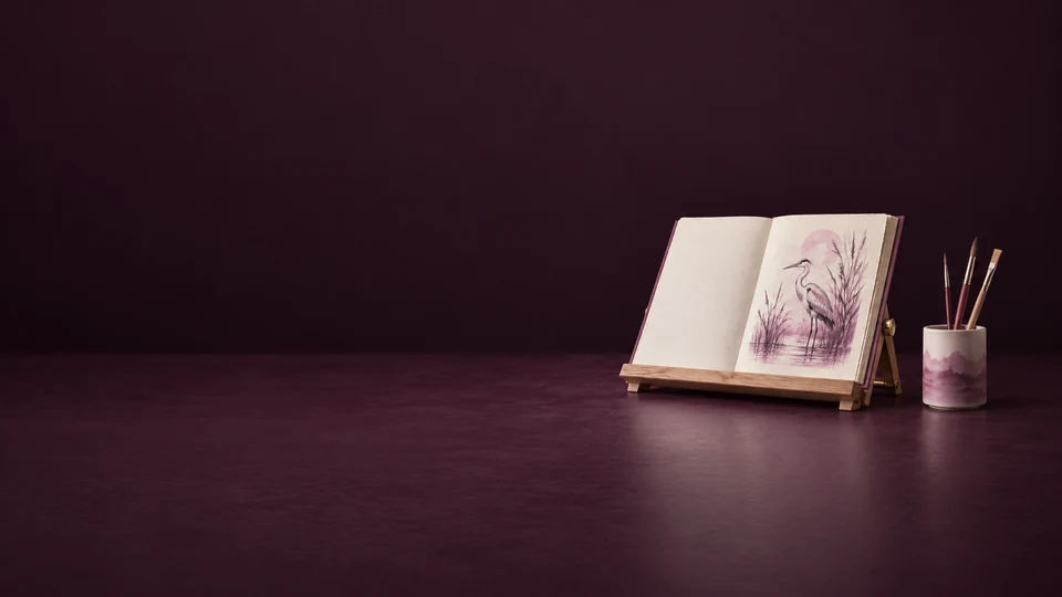 An open sketchbook with a heron illustration on a wooden stand beside a cup of brushes. - Arts Design & Creative Services Meta ads research index