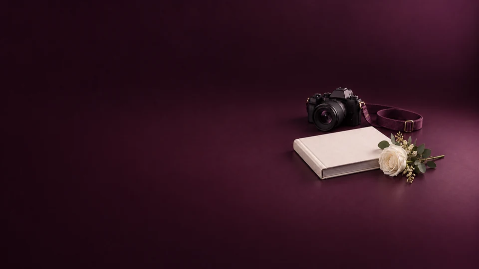 An unbranded camera with plum strap beside an ivory linen album and white rose. - Arts Design & Creative Services Meta ads research index