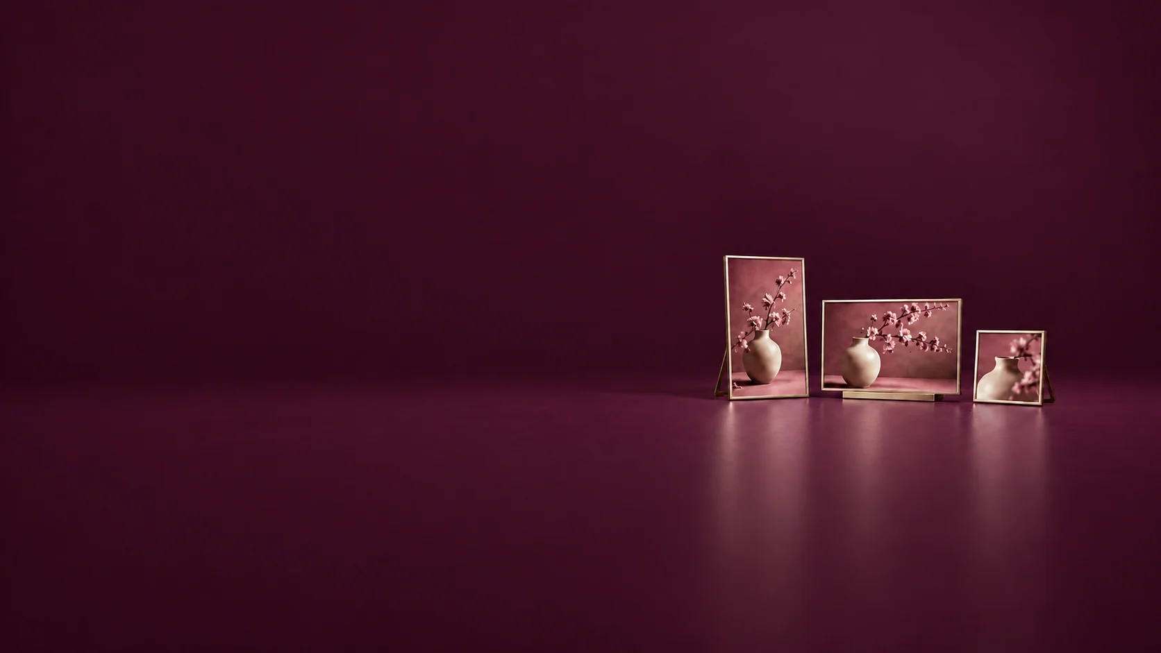 Three champagne display frames showing floral-vase photographs in portrait, landscape and square formats. - Marketing & Advertising Design Meta ads research by Madgicx Labs