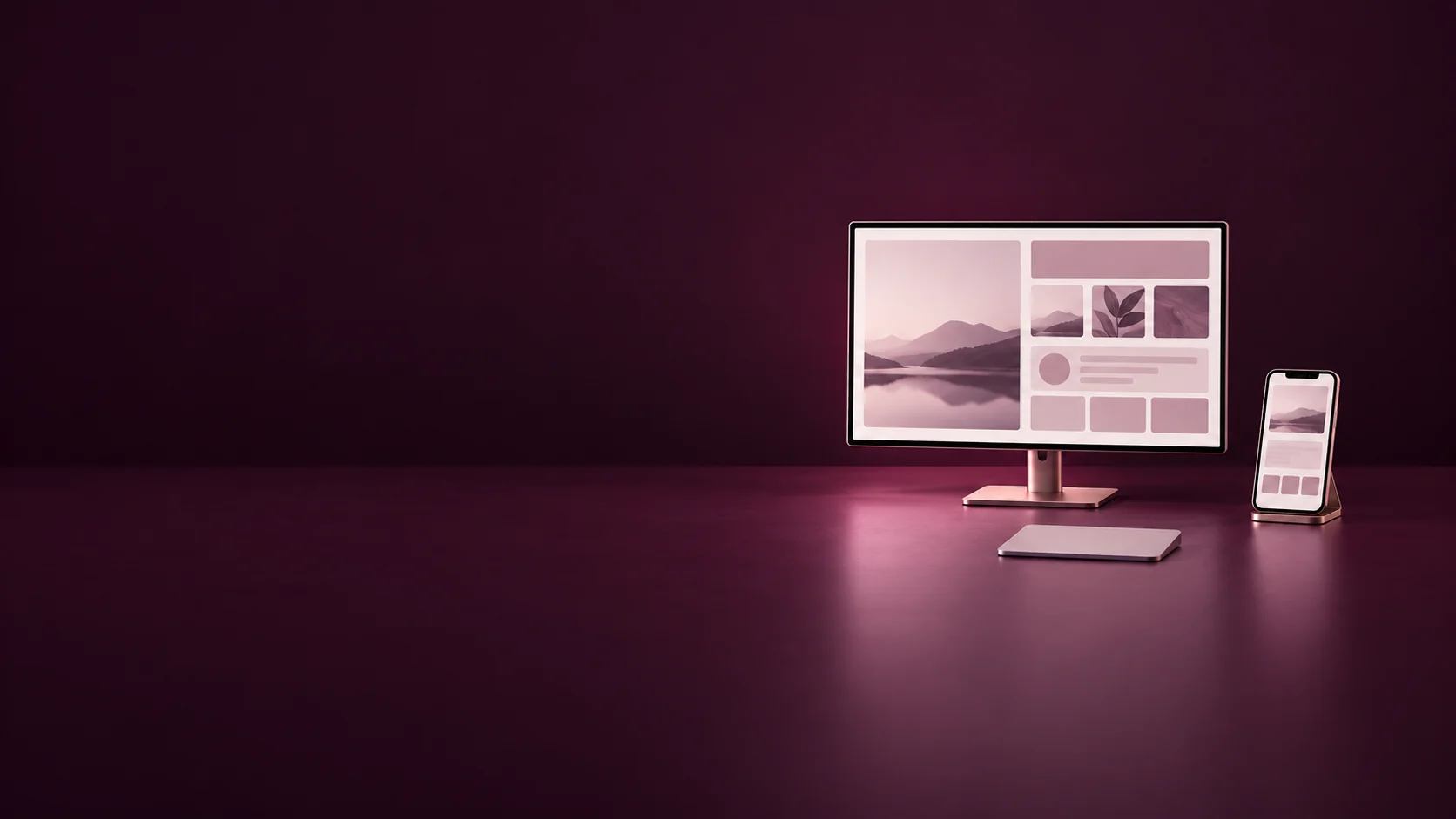 A desktop monitor and phone show unlabelled rose website layouts beside a trackpad. - Web & Digital Design Meta ads research by Madgicx Labs
