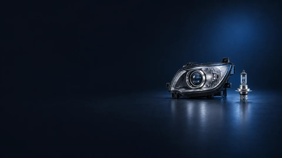 An unlit automotive headlamp housing with a circular projector lens beside a separate bulb. - Automotive Parts & Accessories Meta ads research index