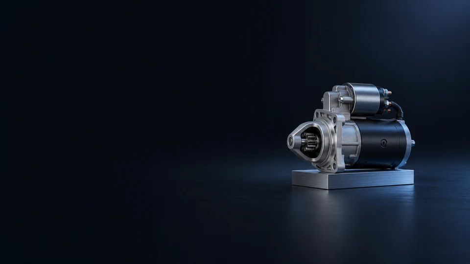 A starter motor with solenoid and exposed pinion gear on a brushed-metal base. - Automotive Parts & Accessories Meta ads research index